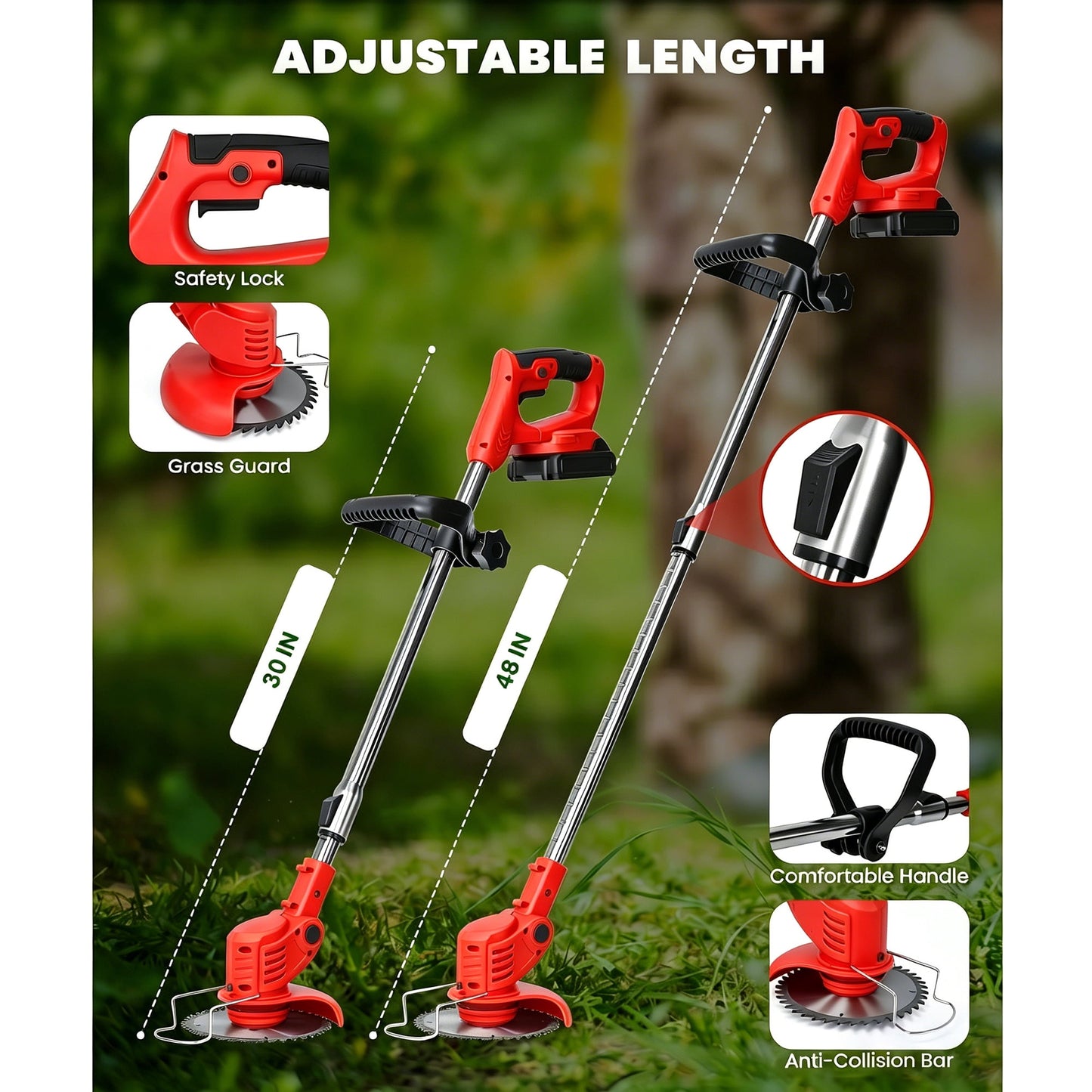 HOTREE 12-Inch 21V Cordless Weed Wacker & String Trimmer, 3-in-1 Lightweight Brush Cutter with 2 Batteries (2.0Ah), Red