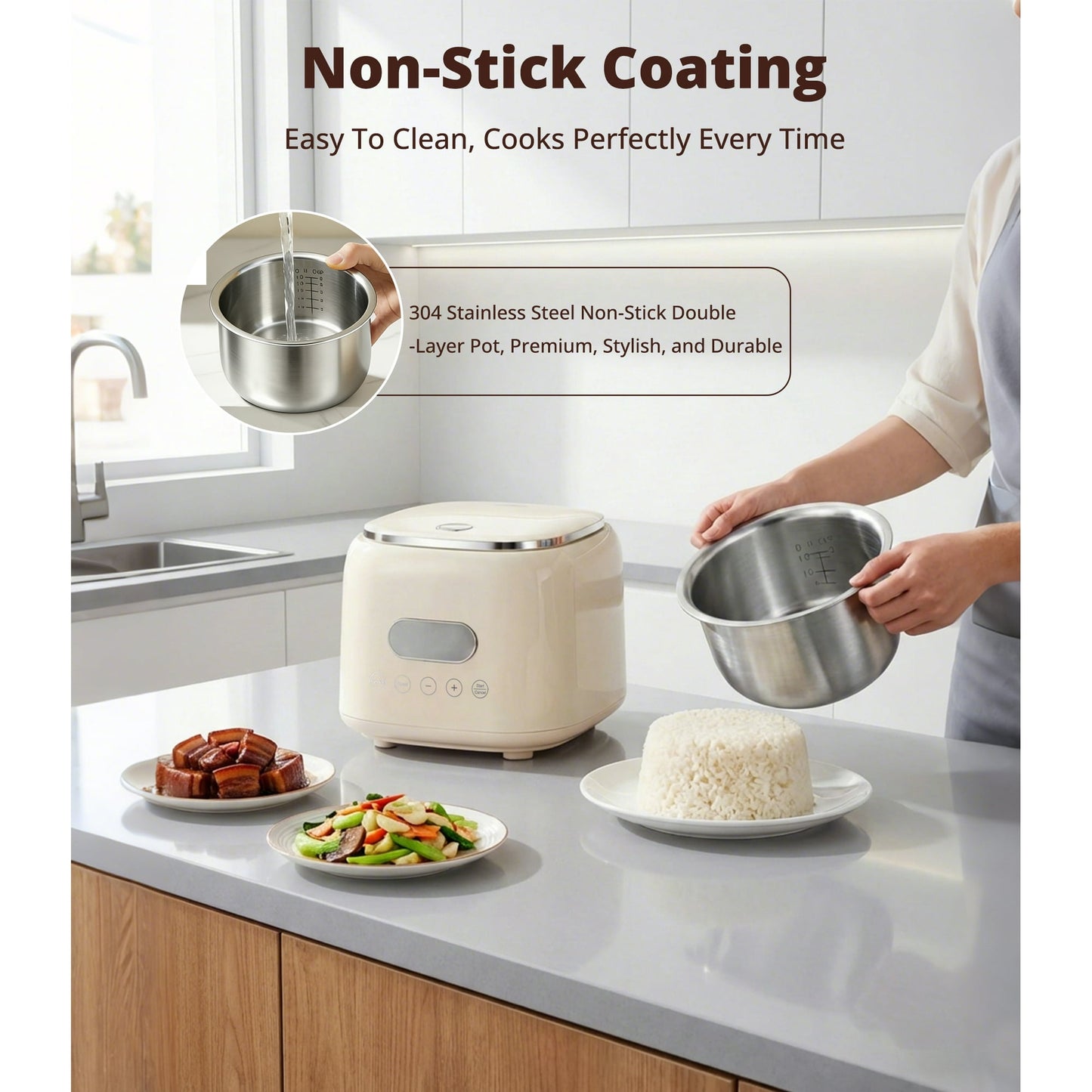 Casualife 3QT Rice Cooker with Starch-Reducing Steamer, 10-in-1 Multicooker with No-Coating Inner Pot and 24-Hour Timer, White