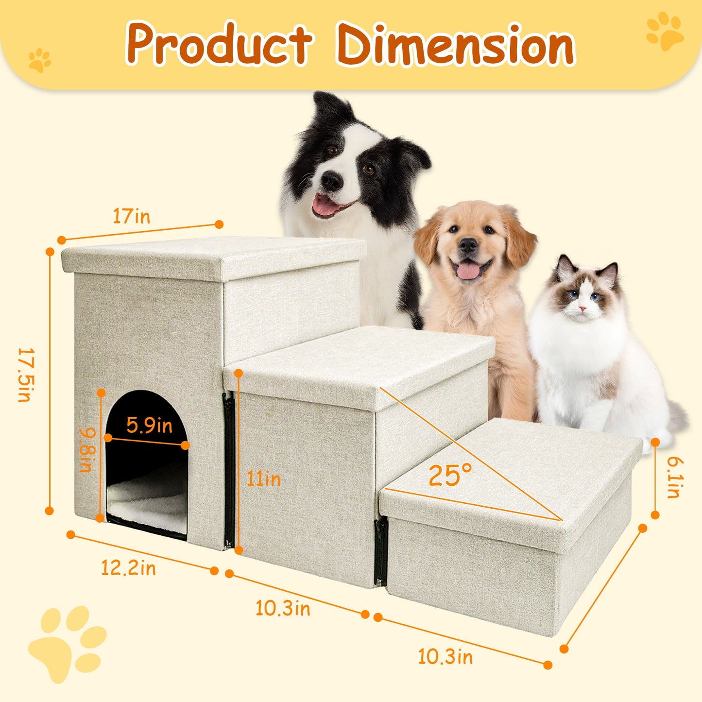 Tolobeve 3 Step Dog Stairs with Storage for High Bed 17.5'' H, Foldable Pet Stair for Small Medium or Large Dogs