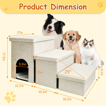 Tolobeve 3 Step Dog Stairs with Storage for High Bed 17.5'' H, Foldable Pet Stair for Small Medium or Large Dogs