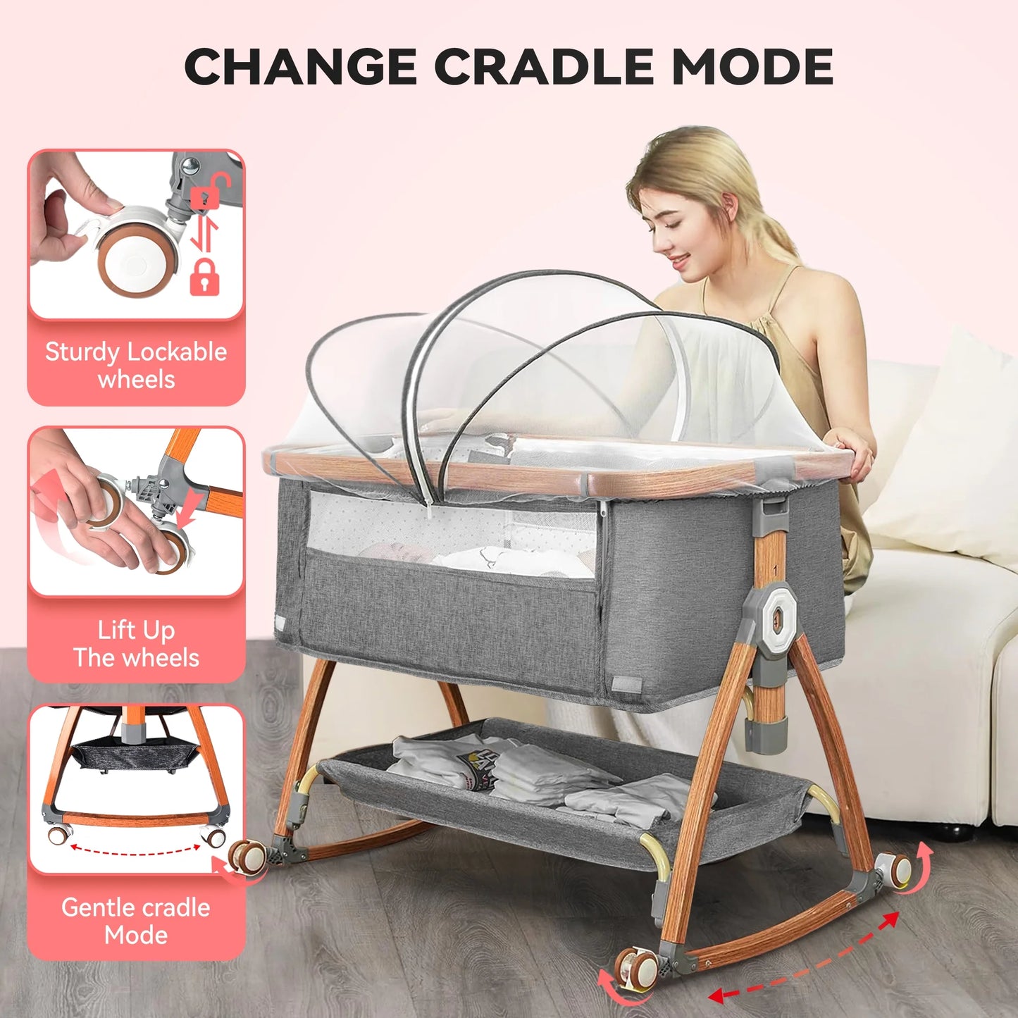 Rupoun Bassinet, Bedside Sleeper, Foldable Baby Crib with 6 Adjustable Heights and Mesh Panels, for Infant Newborn Child, Gray
