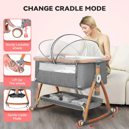 Rupoun Bassinet, Bedside Sleeper, Foldable Baby Crib with 6 Adjustable Heights and Mesh Panels, for Infant Newborn Child, Gray
