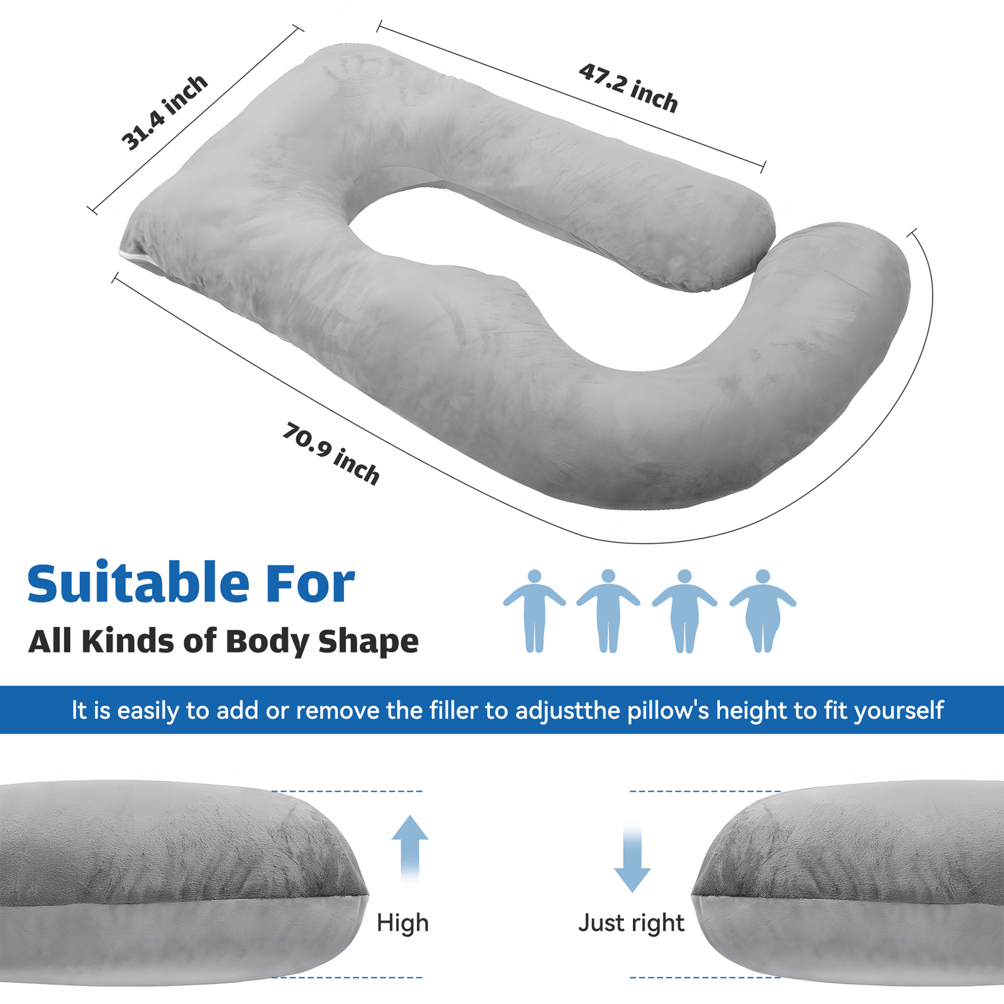 RUPOUN Pregnancy Pillow U Shaped Full Body Soft Maternity Pillow 70 Inch with Removable Velvet Cover