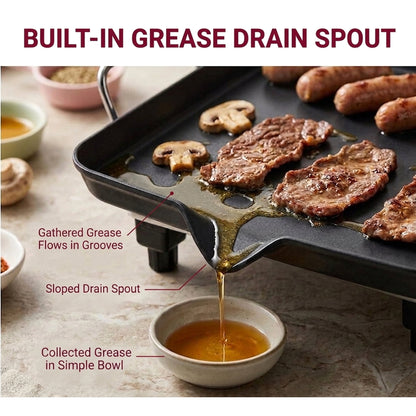 CASUALIFE 2-in-1 Electric Griddle & Indoor Grill, Non-Stick Large Cooking Surface with 5 Adjustable Temperature Controls for Pancakes, BBQ and Burgers, Black