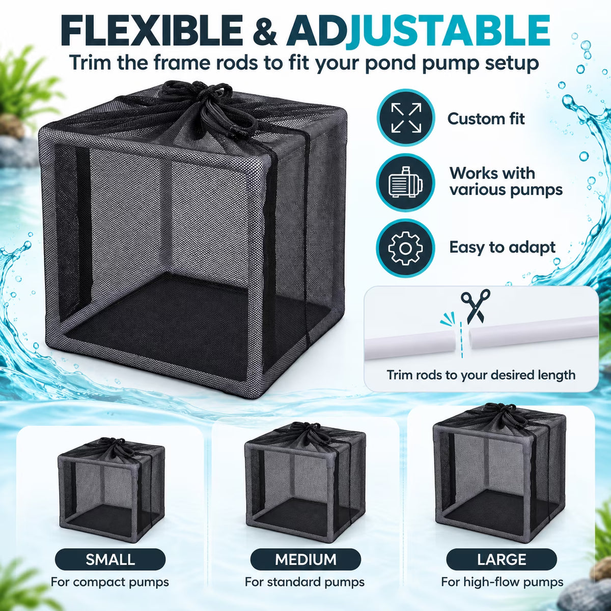 GONCON Pond Filter Bag Anti Clogging Mesh Water Pump Barrier Bag Outdoor Pond Pump Filter Basket Box Cover with 12 Connecting Rods for Waterfalls Fountains and Gardens, 10.00x10.00x10.00 Inches