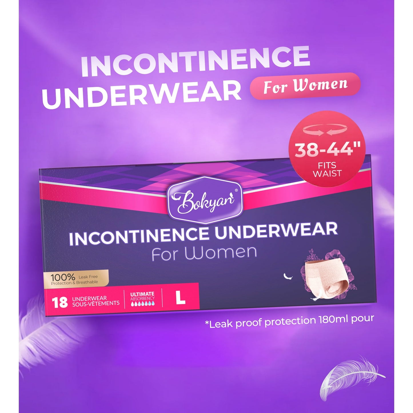 Bokyan Adult Incontinence Underwear for Women,Postpartum Bladder Leak Underwear,Disposable,L,18 Ct