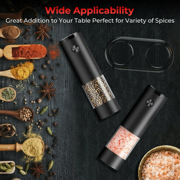 M Buder Electric Salt and Pepper Grinder Set, Automatic Battery Pepper Mill Shakers Adjustable Coarseness Easy Filling with Led, 2 Pack, Black