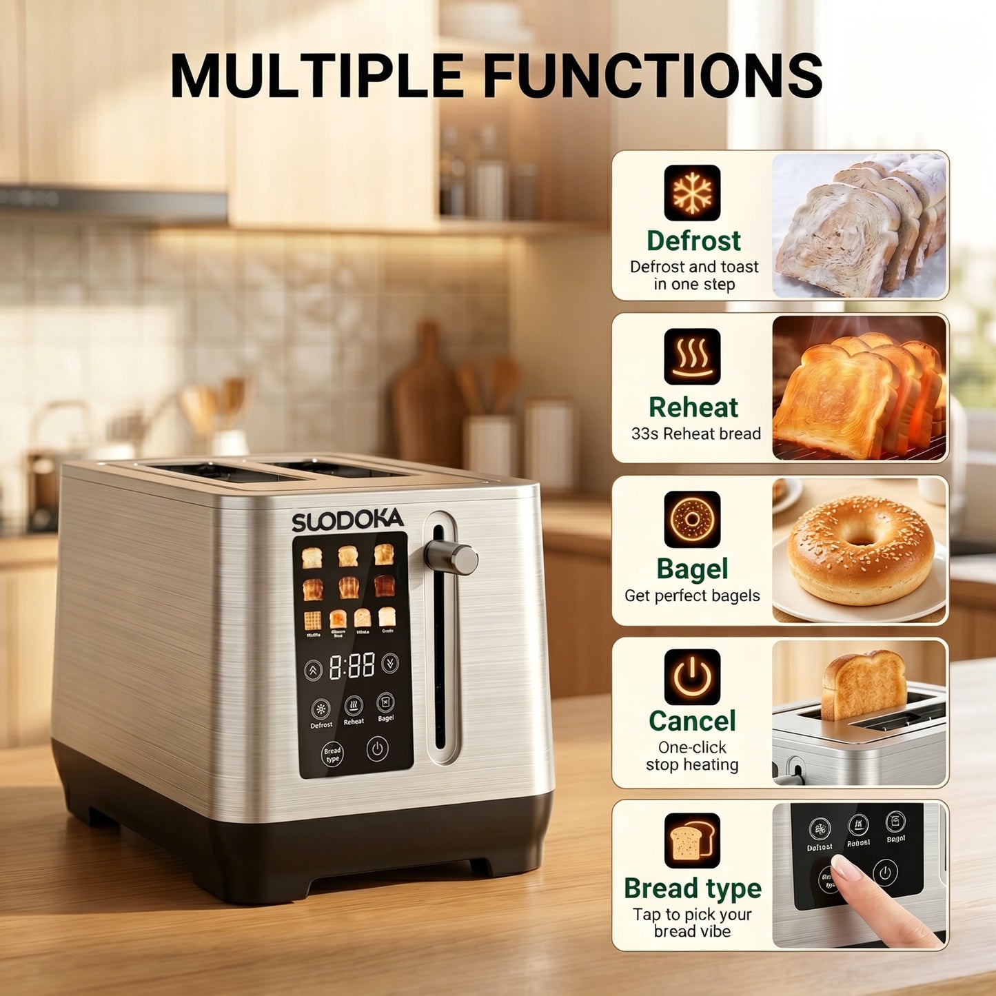 Suodoka 2-Slice Digital Toaster, Stainless Steel Touch Control Toaster with 6 Shade Settings, 5 Functions & 5.51" Extra-Wide Slots