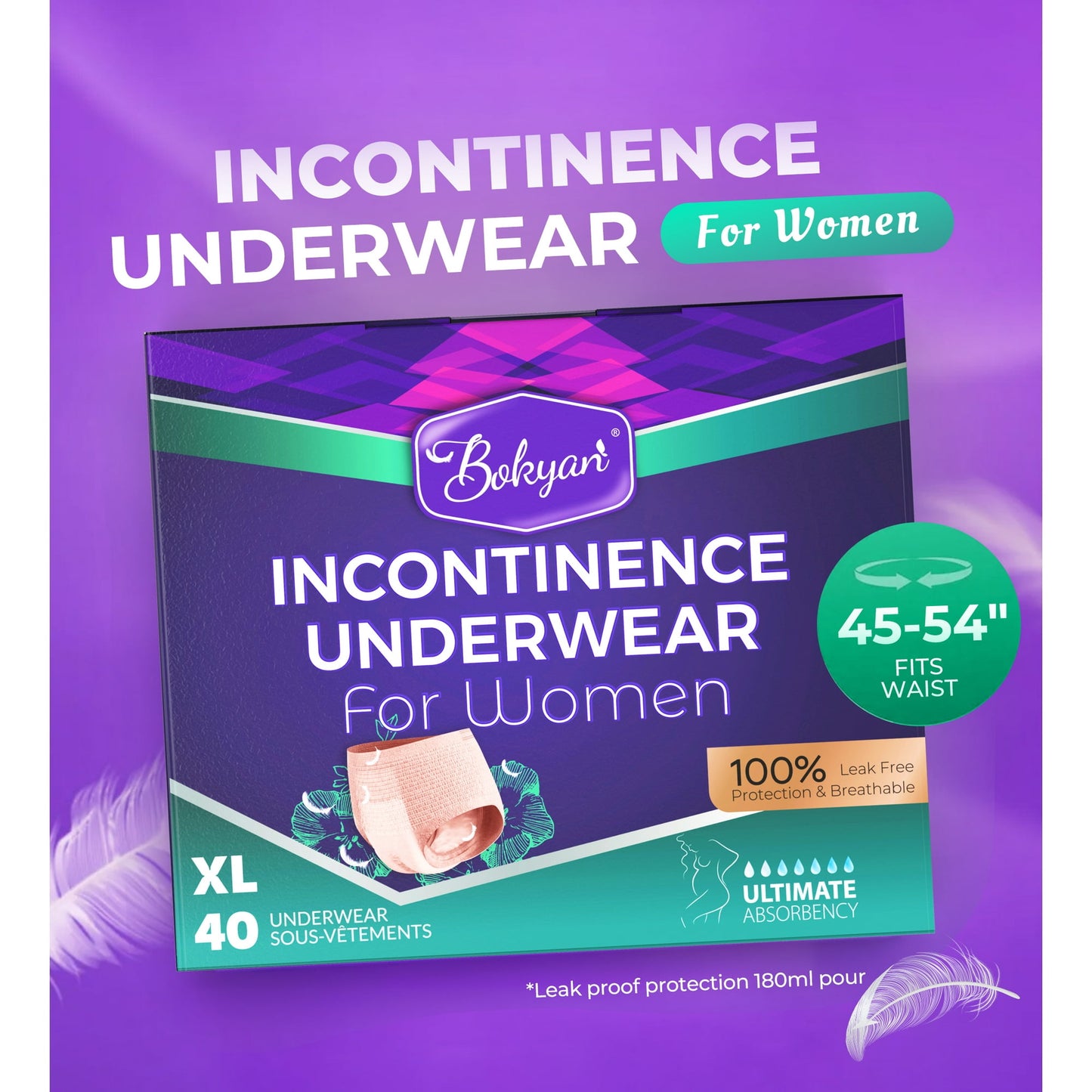 Bokyan Adult Incontinence Underwear for Women,Postpartum Bladder Leak Underwear,Disposable,XL,40 Ct