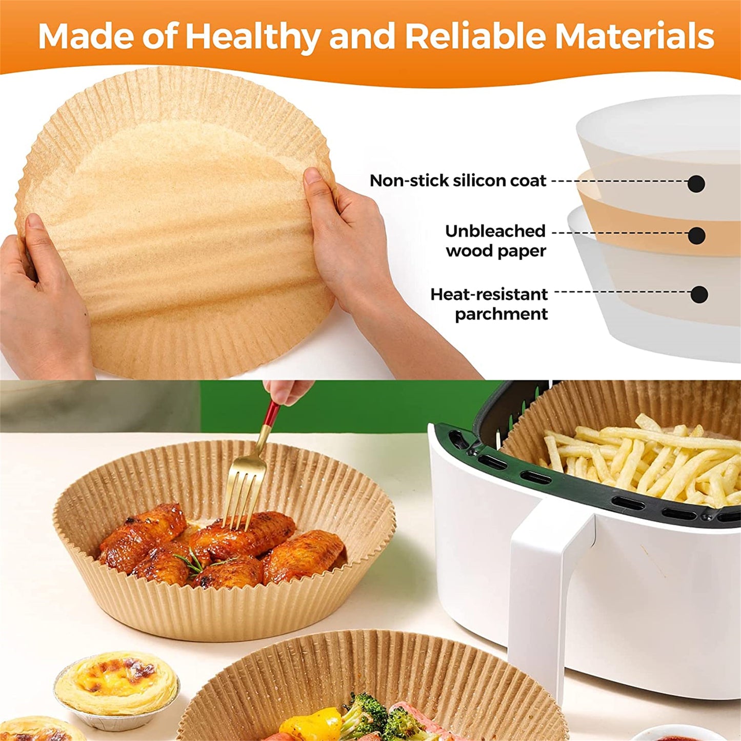 M Buder Non-Stick Disposable Air Fryer Liner Parchment Paper, Round, 6.3 in, 2-5 Qt, 100 Pieces