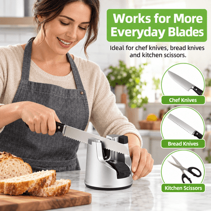 GigBu 3-in-1 Kitchen Knife Sharpener with Suction Cup Base, Manual Sharpening Tool for Straight & Serrated Knives and Scissors, Silver/Black