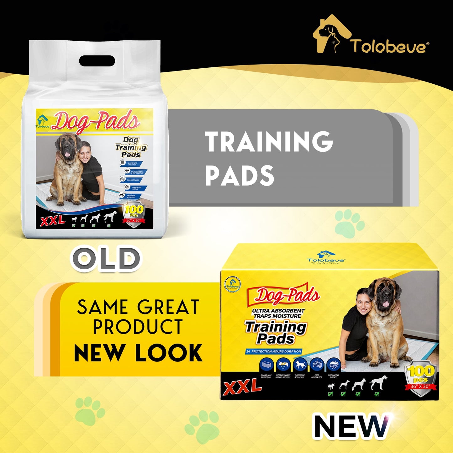 Tolobeve Dog Training Pads, XXL, 30 in x 36 in, 100 Count Disposable Dog Puppy Pee Pads