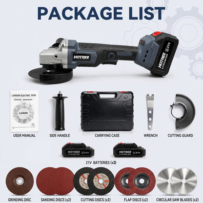 HOTREE 21V Cordless Brushless Angle Grinder Kit, 4-1/2 Inch, with 2 Batteries, Fast Charger, Cutting/Grinding/Polishing Accessories and Hard Case for Metal & Wood