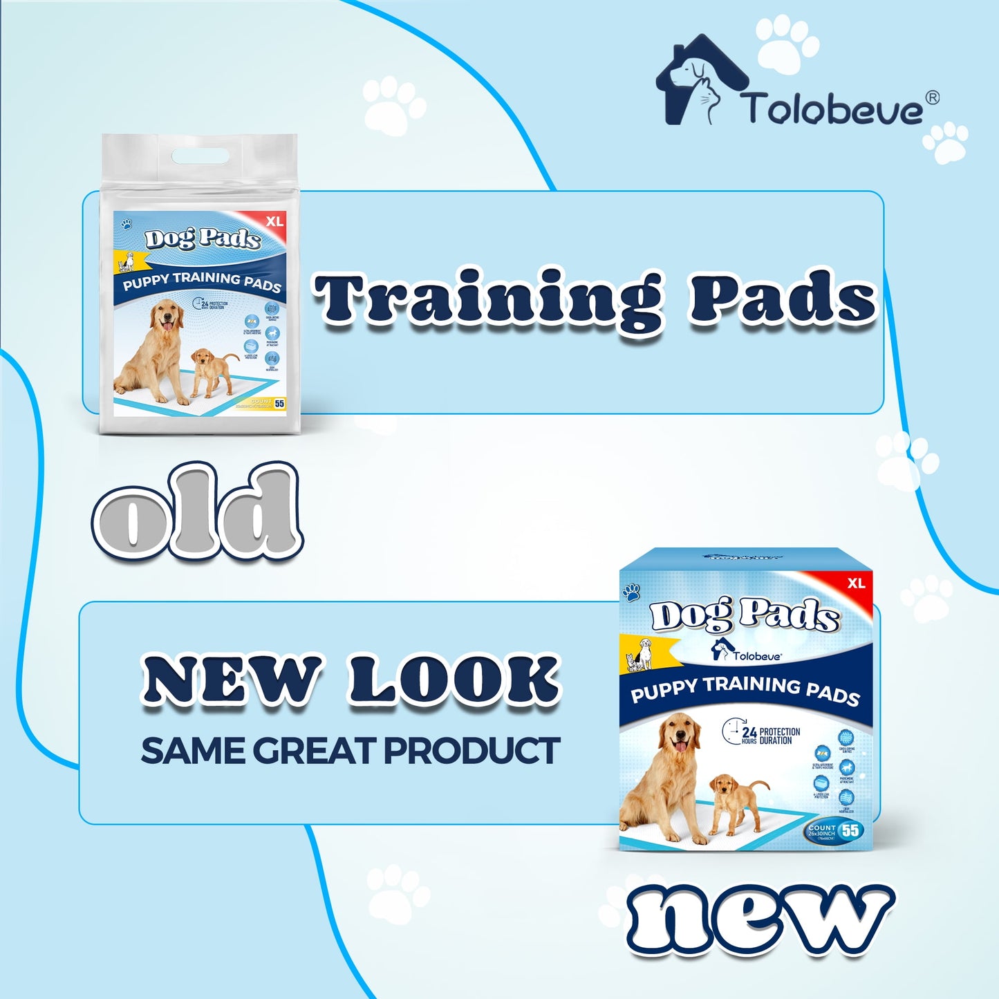 Tolobeve Dog Training Pads, XL, 26 in x 30 in, 55 Count Disposable Dog Pads, Puppy Pee Pads