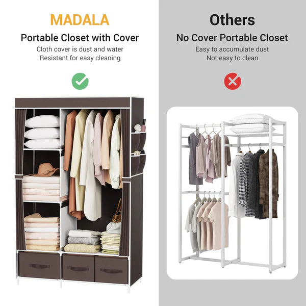 Riousery Portable Closet, Bedroom Wardrobe Closet Organizer with Cover, 3 Storage Boxes, Hanging Rods and Shelves, Brown