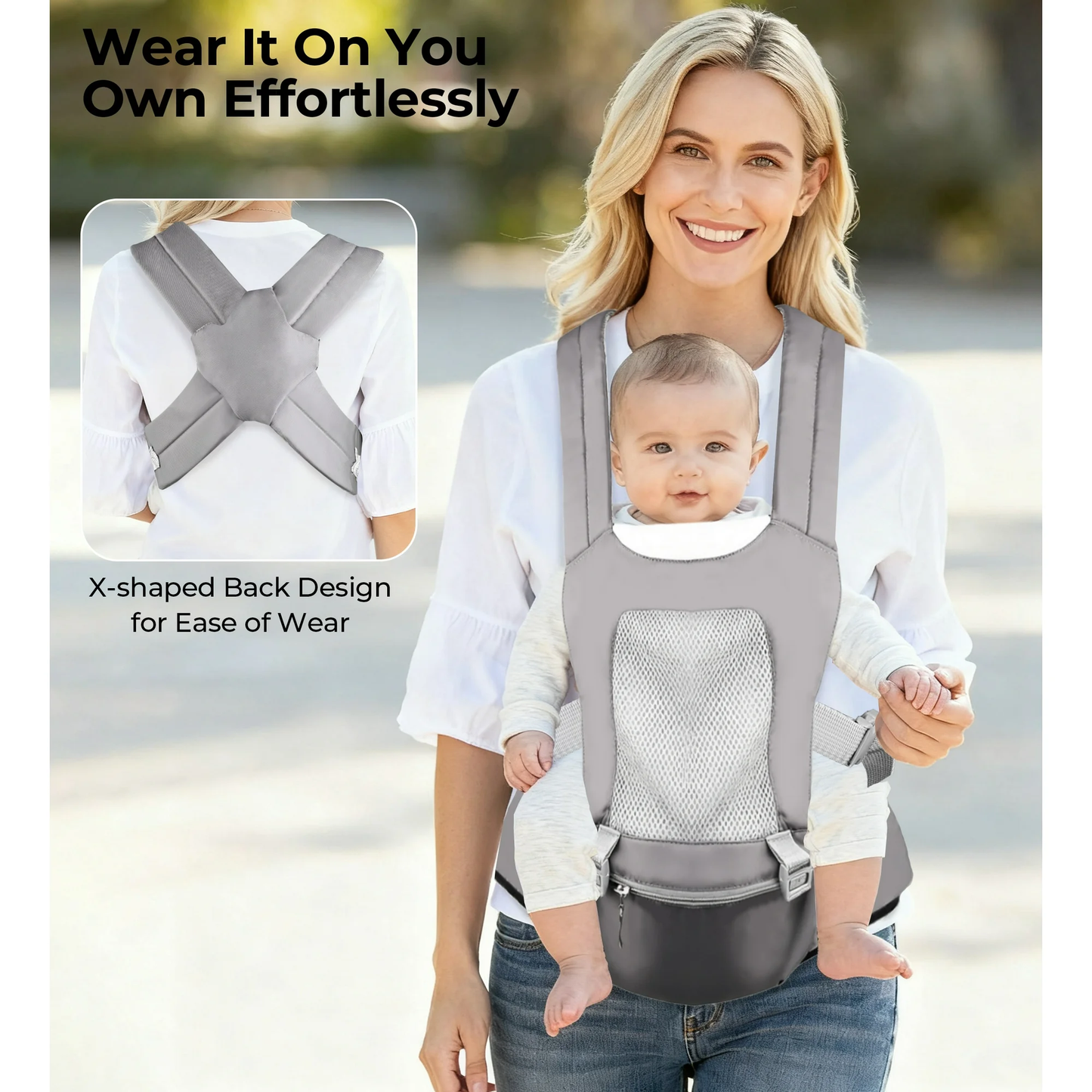 RUPOUN Baby Carrier with Hip Seat, Convertible 4-Position, Lightweight Cool Mesh, Unisex, Gray