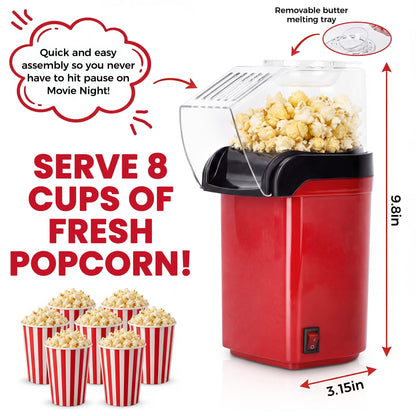 Casualife Air Popcorn Maker, Oil-Free Hot Air Popper, 8-Cup Capacity, One-Button Operation