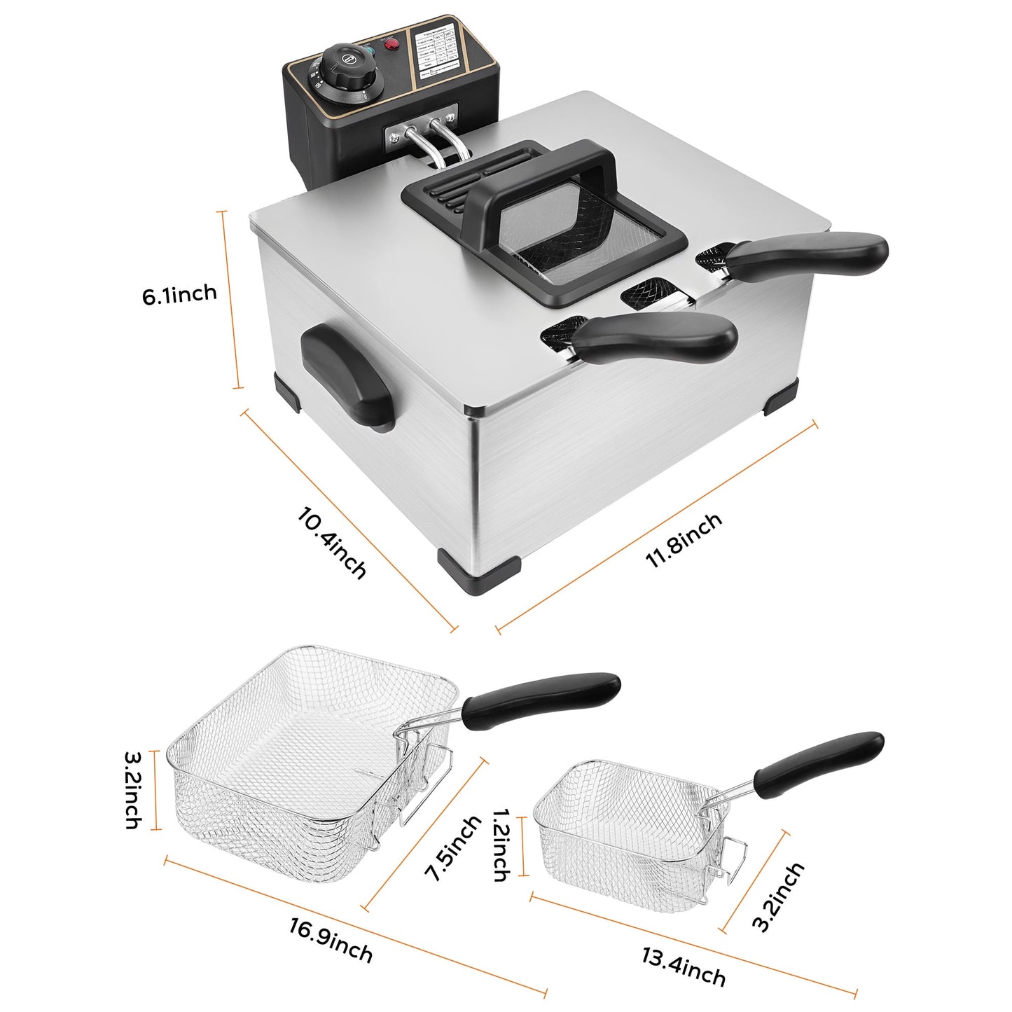 Casualife Deep Fryer with Dual Baskets, 6QT Electric Fryer with Adjustable Temp & Timer, Nonstick Tank for Chicken & Fries