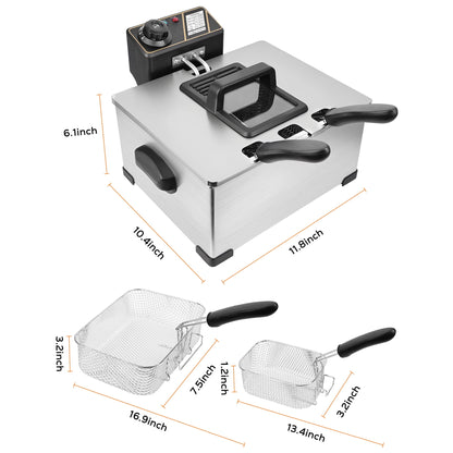Casualife Deep Fryer with Dual Baskets, 6QT Electric Fryer with Adjustable Temp & Timer, Nonstick Tank for Chicken & Fries