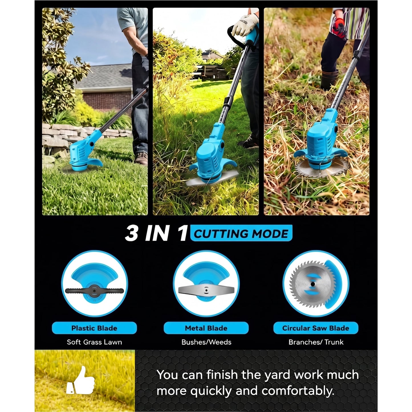 HOTREE 21V Cordless Electric String Trimmer & Weed Wacker Edger, 2x 2.0Ah Batteries, 3 Blades & Adjustable Handle for Yard Care