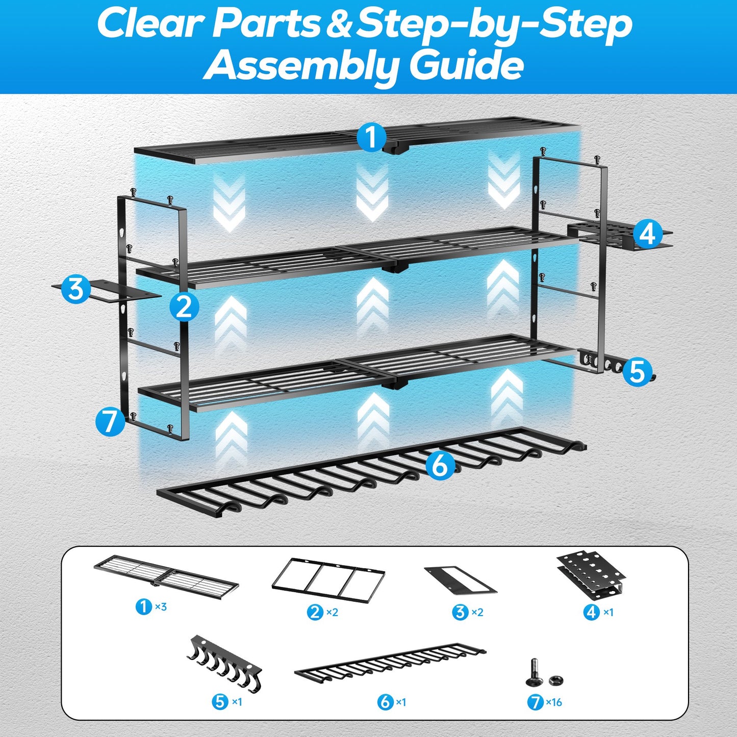 Riousery Heavy Duty Power Tool Organizer Wall Mount, 8 Drill Holder Rack with Hooks, 4-Tier Tool Storage Shelf with 350Lbs Load Capacity, Garage Tool Rack for Workshop Shed Pegboard Wall