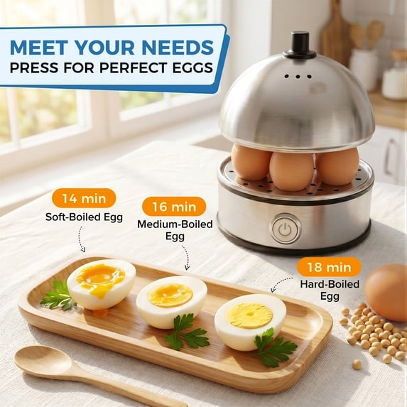 CASUALIFE Electric Egg Cooker, 7-Egg Capacity Rapid Maker, Stainless Steel Boiler with Lid and Measuring Cup