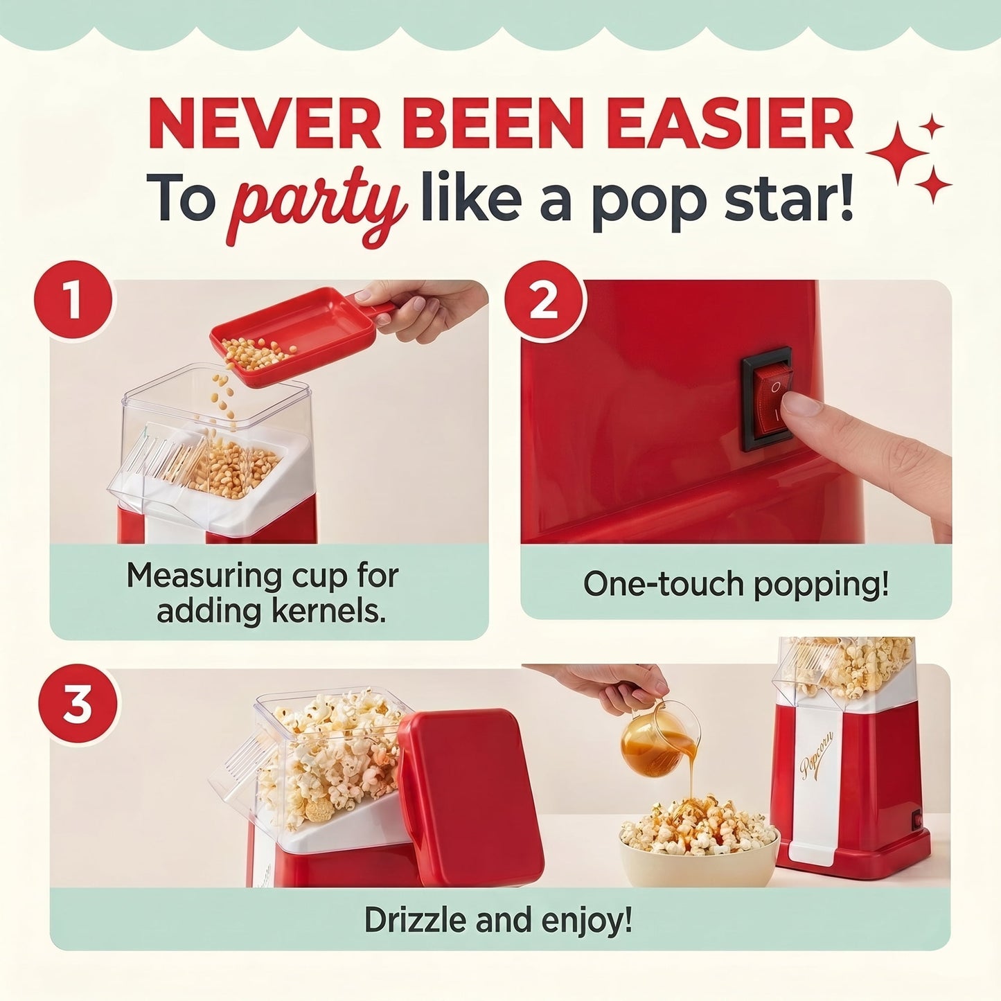 Casualife 1200W Electric Hot Air Popcorn Maker, 8-Cup Capacity Oil-Free Popcorn Popper with One-Key Operation