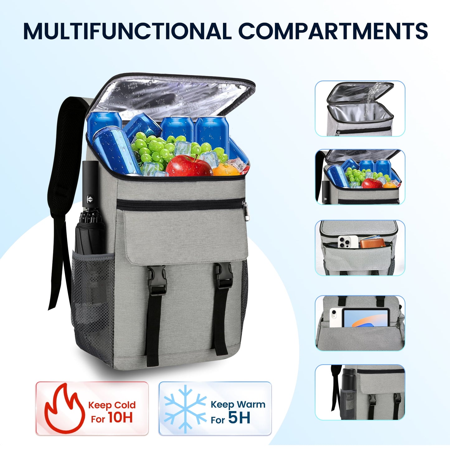 OHHANI Backpack Cooler, 30 Can Insulated Soft Cooler Bag, Waterproof Leakproof Portable for Camping, Beach, Picnic, Hiking, BBQ, Gray