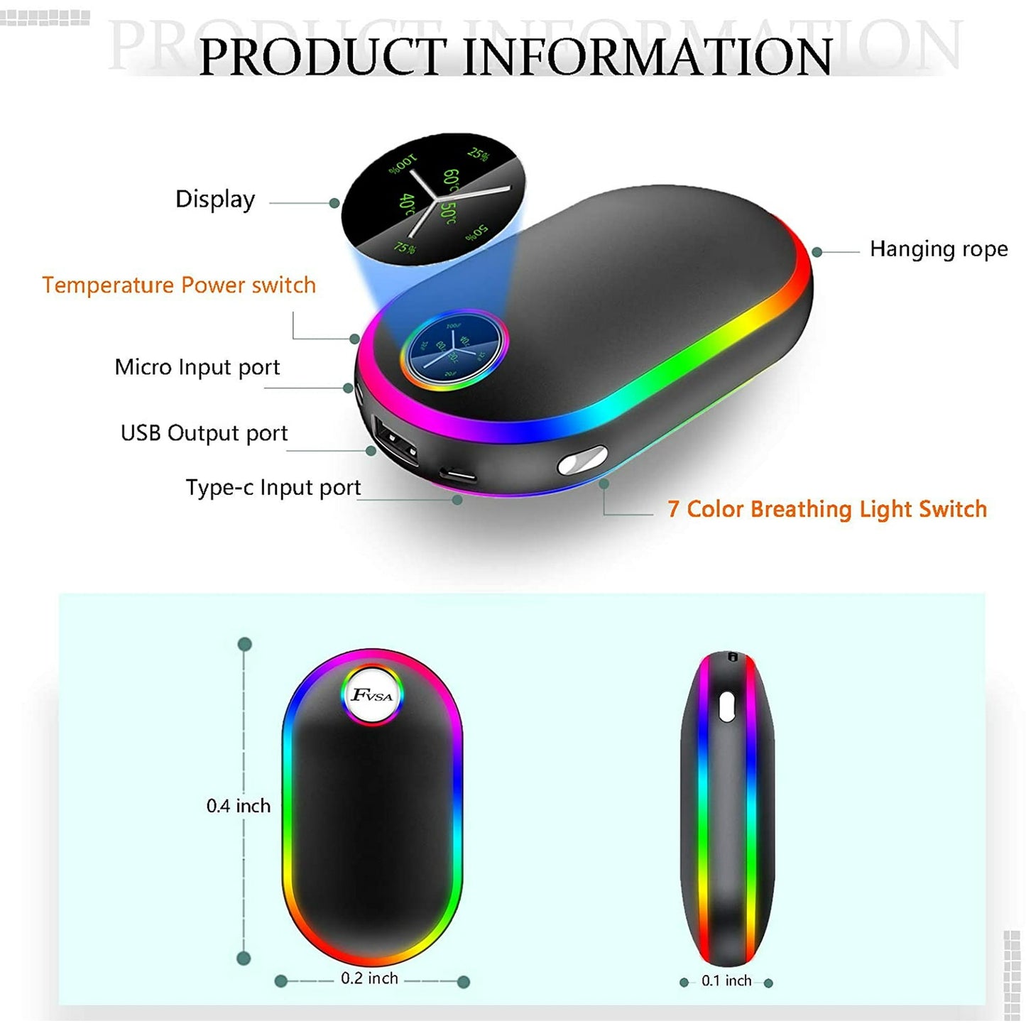 Madala Hand Warmers, 10000Mah Hand Warmers Rechargeable, 7 Changing Colors Lights Electric Hand Warmers, Reusable Hand Warmer for Raynauds, Outdoors, Hunting, Golf, Camping, Women Mens Gifts(Black)