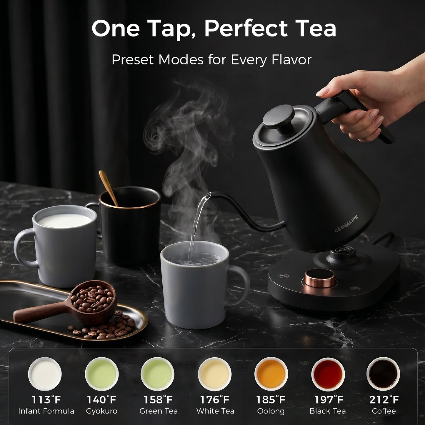 Casualife 0.8L Gooseneck Electric Kettle with Digital Temperature Control, Keep-Warm & 60s Memory, Safe & Easy Clean for Home Office