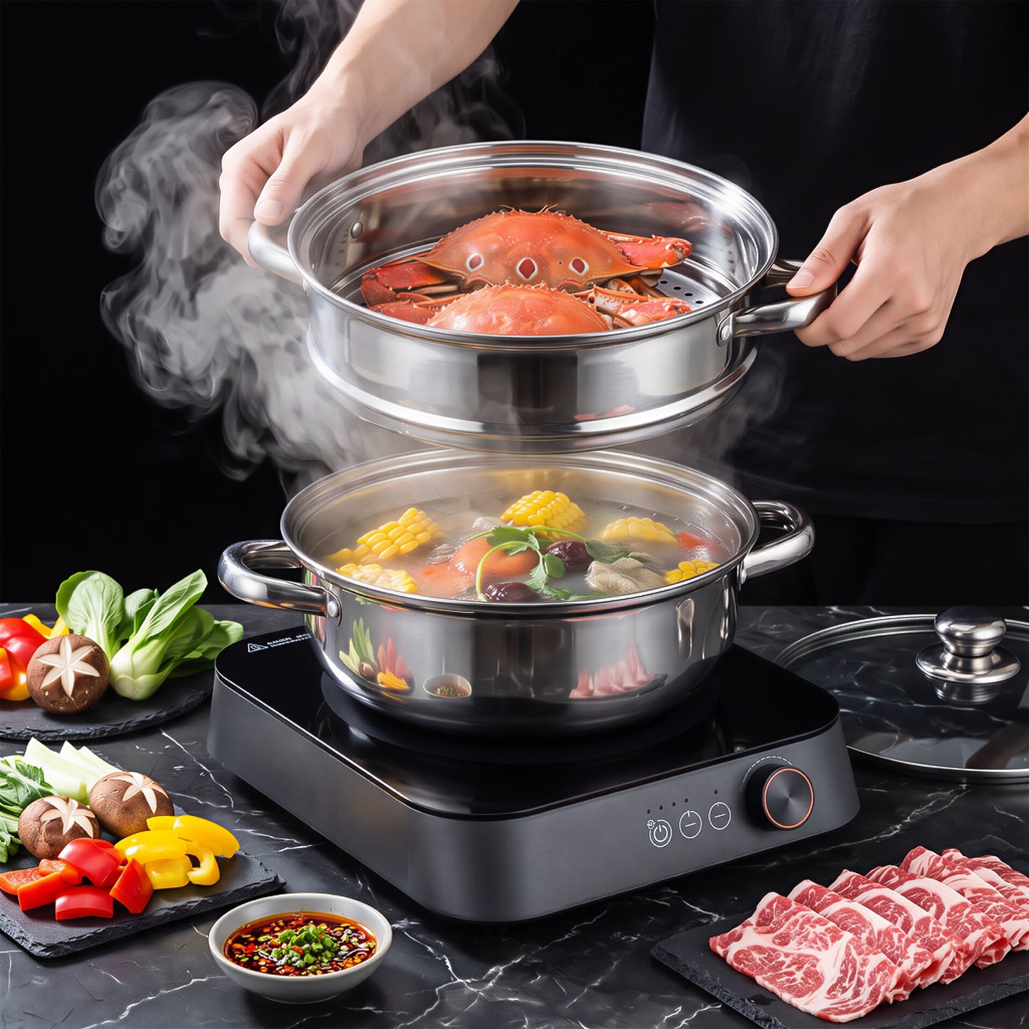 LZSDS Steamer Basket 2 Tier Stainless Steel 11 In, Stackable Steamer Insert Pot with Glass Lid for Vegetables Dumplings