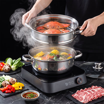 LZSDS Steamer Basket 2 Tier Stainless Steel 11 In, Stackable Steamer Insert Pot with Glass Lid for Vegetables Dumplings
