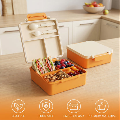 M Buder 1700ML Bento Box for Kids, Leak-Proof Lunch Box with 3 or 4 Compartments, 350 ml Insulated Food Jar, Fork, Spoon, Orange