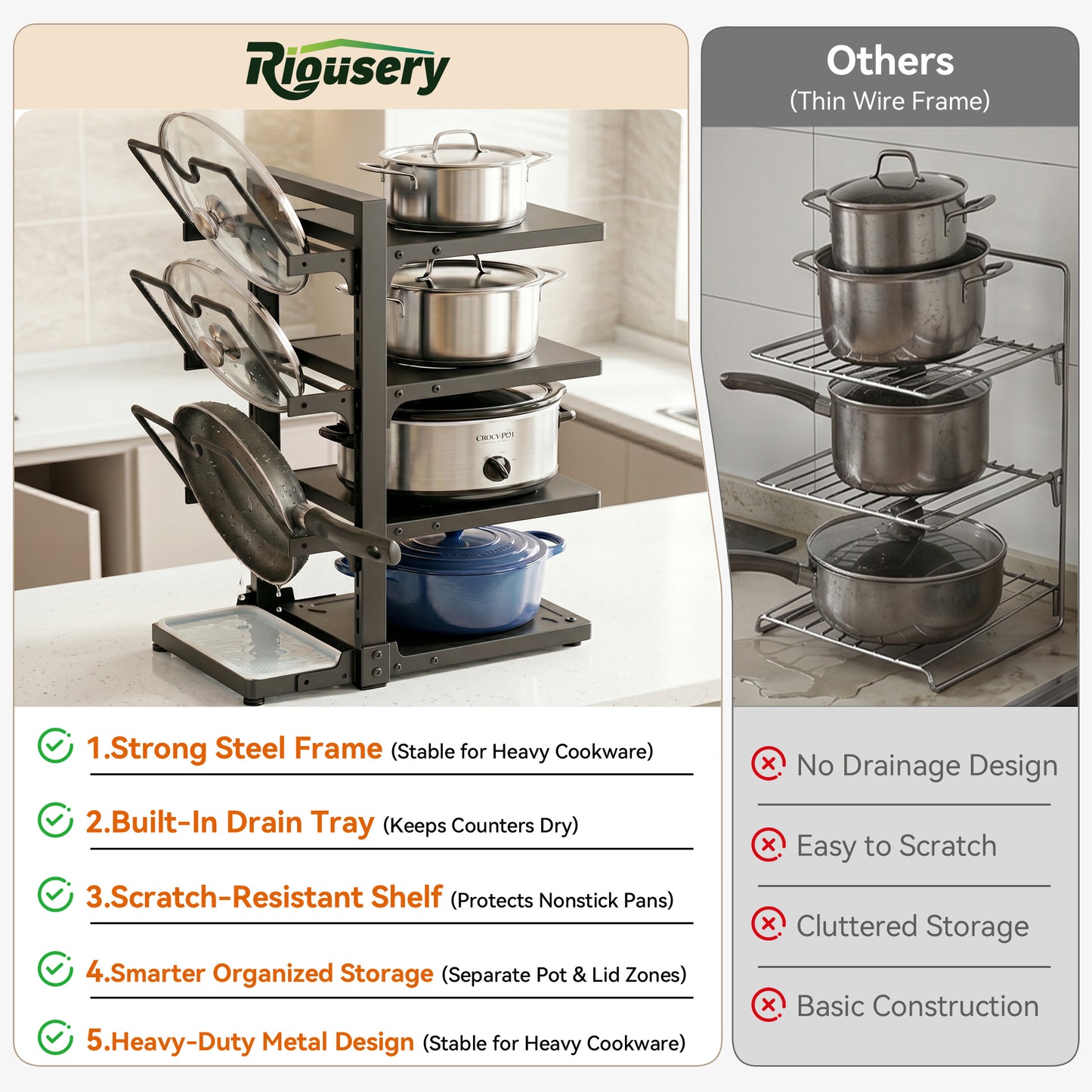 Riousery Pots and Pans Organizer, 7-Tier Adjustable Pan Rack with Lid Holder and Drip Tray, 220Lb Heavy Duty Metal Cookware Organizer for Kitchen Countertop & Cabinet, Black