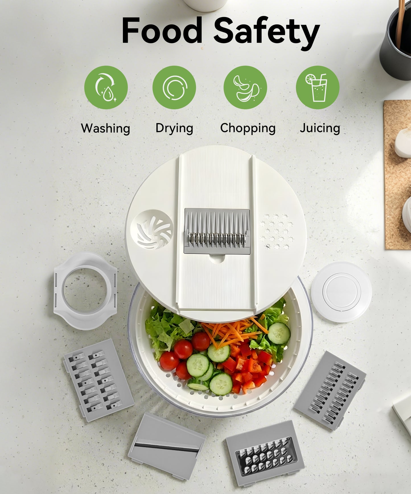 M Buder Salad Spinner, Vegetable Fruit Washer Dryer and Chopper, Lettuce Spinner with 5 Blade Slicer Shredder, 4500ML Slalad Bowl , White