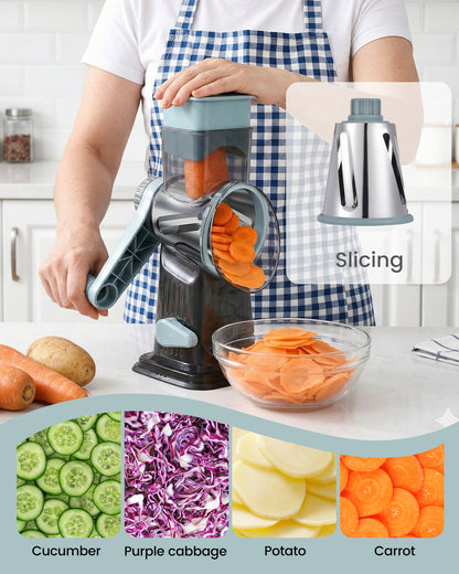 M Buder Rotary Cheese Grater with 3 Interchangeable Blades, Hand Crank Cheese Shredder Vegetable Chopper , Mandoline Slicer, Suction Base, Gray