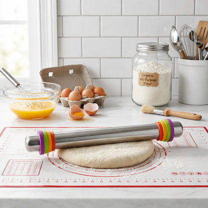 M Buder Stainless Steel Rolling Pin, Adjustable Metal Rolling Pin with Thickness Rings & Pastry Baking Mat for Baking, Dough Roller for Baking Pizza Dough Pie Cookie