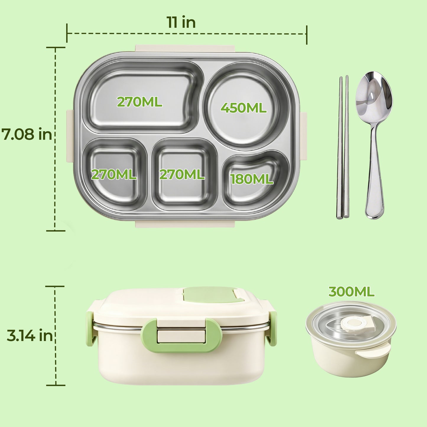 M Buder Bento Box for Kids, Leak-Proof 304 Stainless steel Lunch Box with 5 Compartments , Double Insulated Food Jar, Fork, Spoon, Green