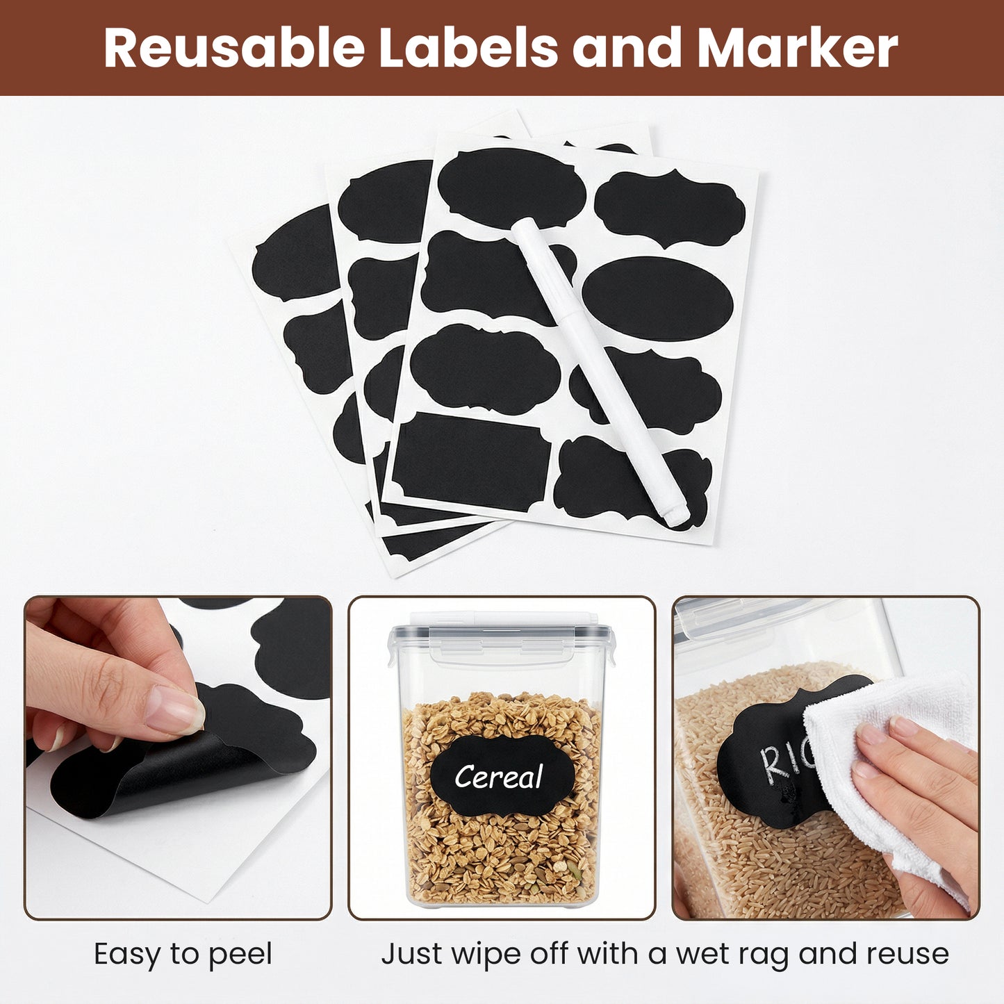 Riousery Airtight Food Storage Containers with Lids, 8-Piece Plastic Kitchen Pantry Canister Set for Cereal, Flour and Dry Food, with Labels and Marker
