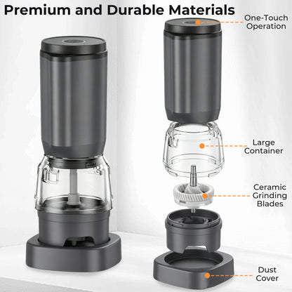 M Buder Electric Salt and Pepper Grinder Set, Rechargeable Automatic Salt Grinder and Pepper Mill with 2 Containers, Adjustable Coarseness, Gray