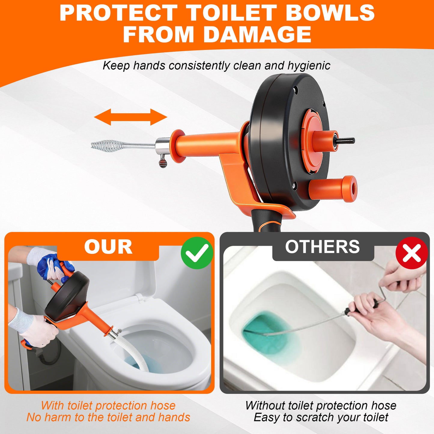 HODVIT 25Ft Drain Snake, Plumbing Snake Drain Hair Clog Removal Tool, Suitable for Kitchens, Bathrooms and Sinks, Includes Protective Hose and Gloves