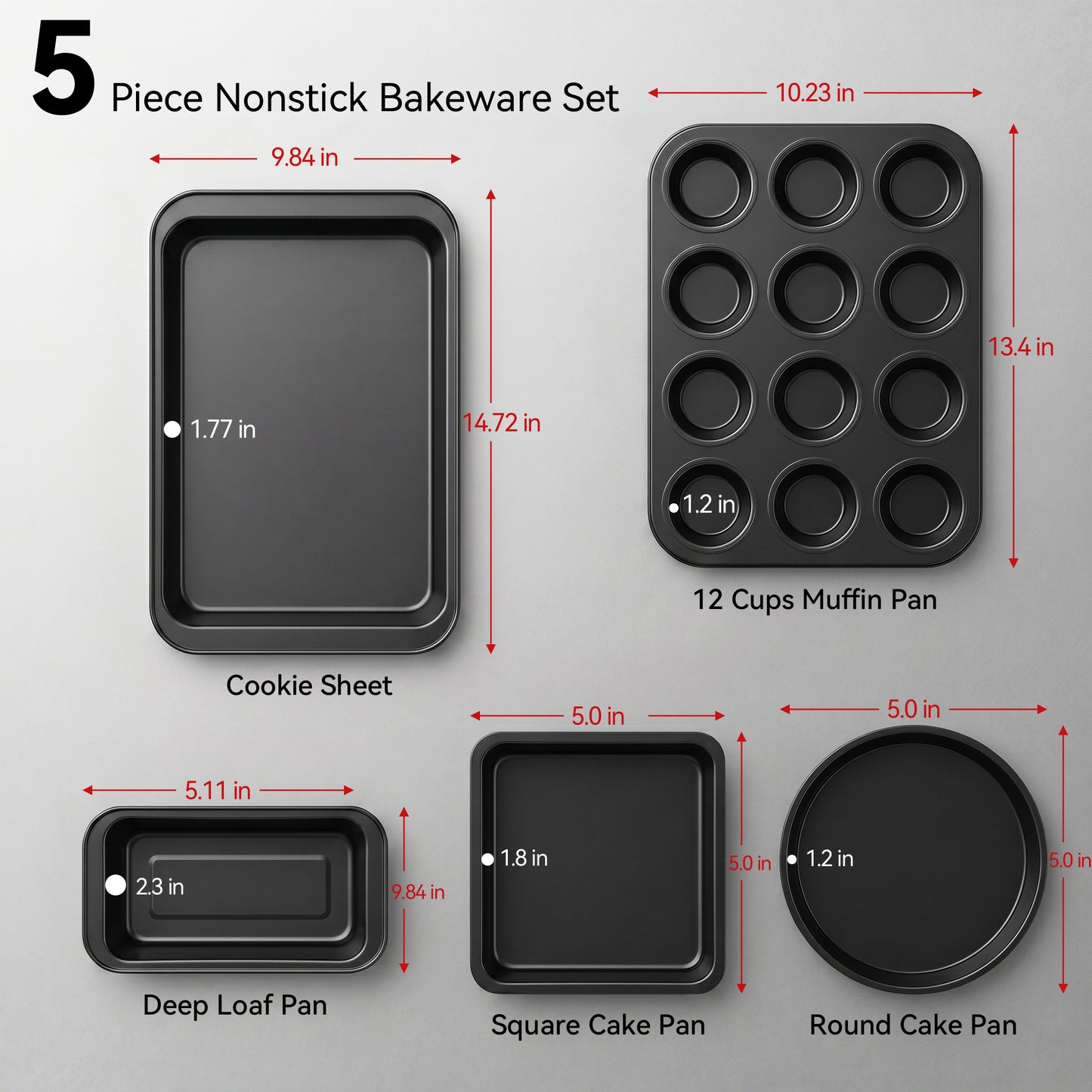 M Buder Baking Pans Set, 5 Piece Non-Stick Carbon Steel Bakeware Set with Muffin Pan & Cookie Sheet & Cake Pan, Black