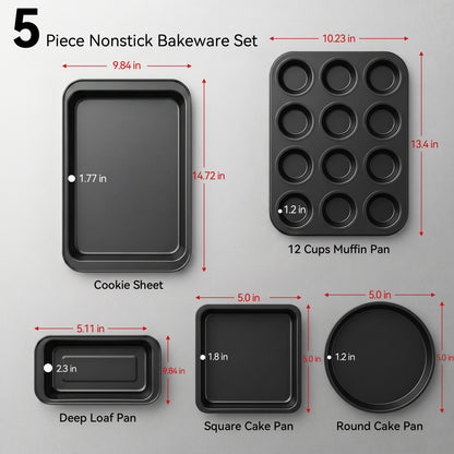 M Buder Baking Pans Set, 5 Piece Non-Stick Carbon Steel Bakeware Set with Muffin Pan & Cookie Sheet & Cake Pan, Black