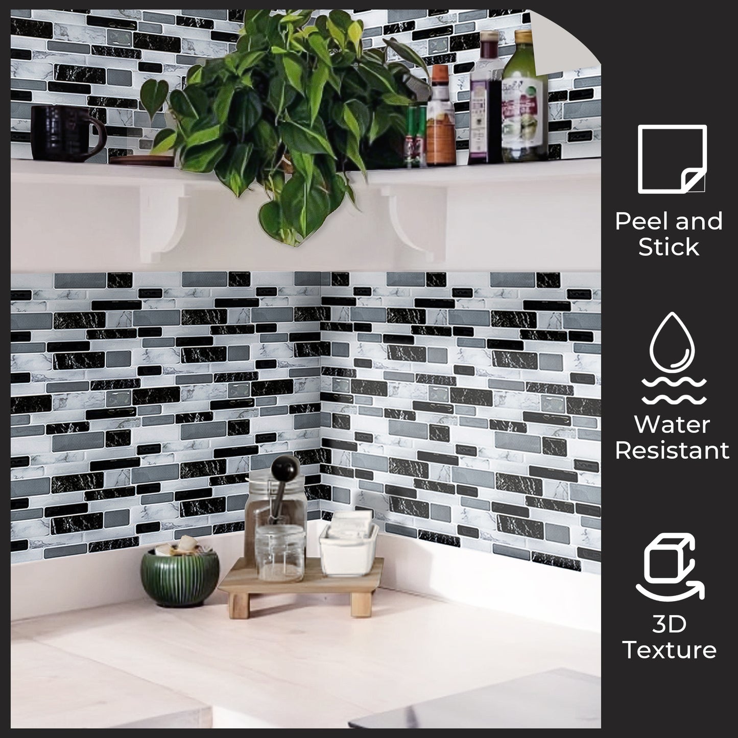 AOLIGO Peel and Stick Backsplash, Peel and Stick Backsplash for Kitchen, Self Adhesive Marble Grey Wall Tile (12" x 12" per Sheet, pack of 10pcs)