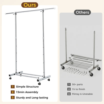 Riousery Heavy-Duty Stainless Steel Clothing Rack with Wheels, Adjustable Height & Length for Closet Organization