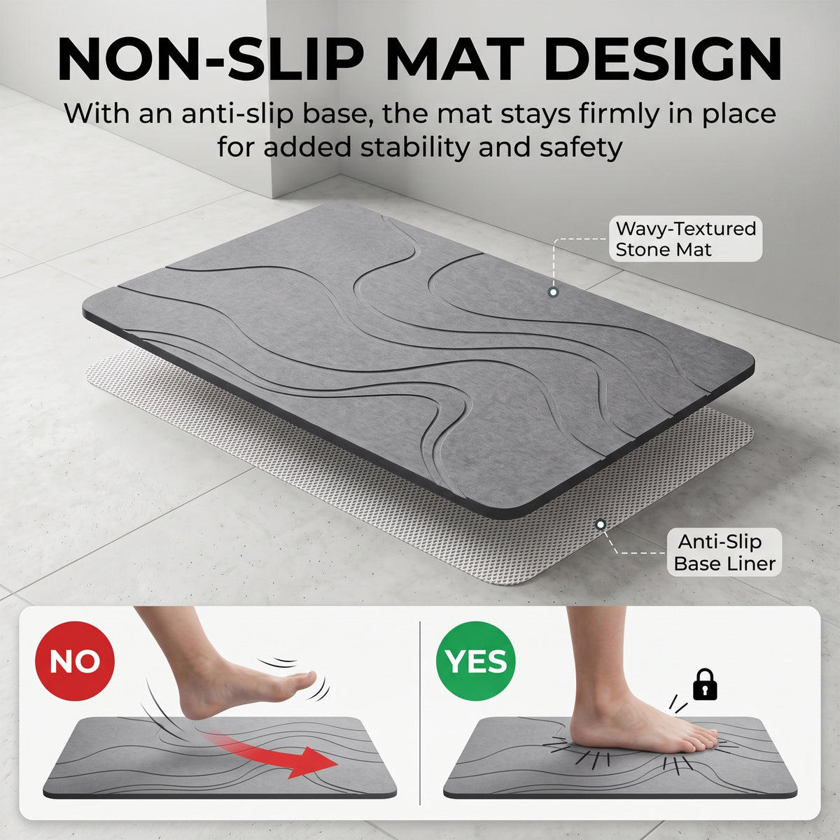 LZSDS Stone Bath Mat, 24" x 15" Diatomaceous Earth Shower Mat with Anti-Slip Base, Quick Dry Bathroom Mat for Kitchen Entryway, Grey