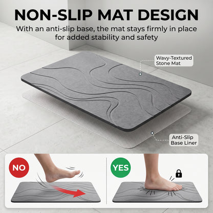 LZSDS Stone Bath Mat, 24" x 15" Diatomaceous Earth Shower Mat with Anti-Slip Base, Quick Dry Bathroom Mat for Kitchen Entryway, Grey