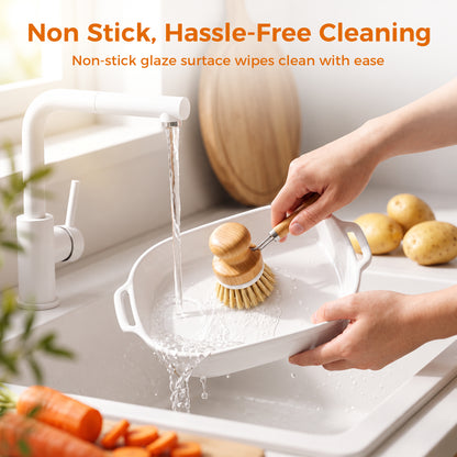 M Buder Casserole Dishes for Oven, Ceramic Baking Dish Set of 3, Thick Rectangular Baking Pans with Handles for Baking Cake, White