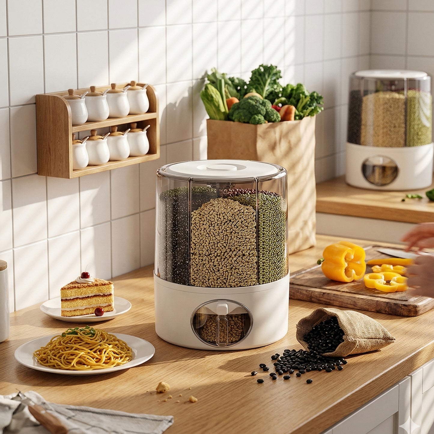 WEEUSE 360° Rotating Grain Dispenser, 22 lbs Large Capacity, 6 Compartments, One-Press Dispensing, Clear Rice & Cereal Storage for Kitchen Pantry