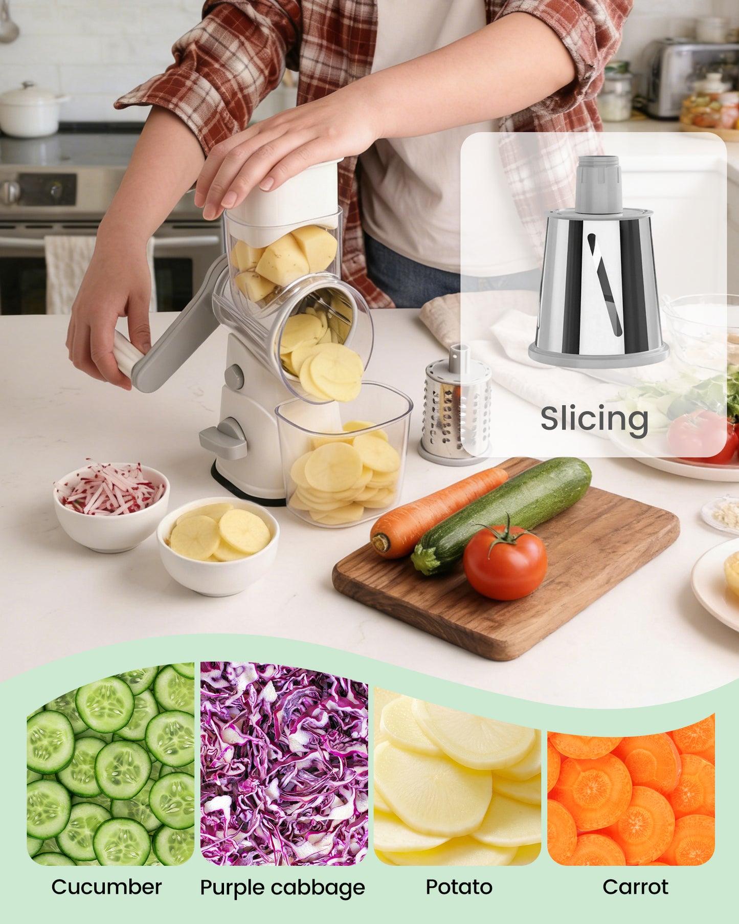 M Buder Rotary Cheese Grater with 3 Interchangeable Blades, Hand Crank Cheese Shredder Vegetable Chopper , Mandoline Slicer, Suction Base, White